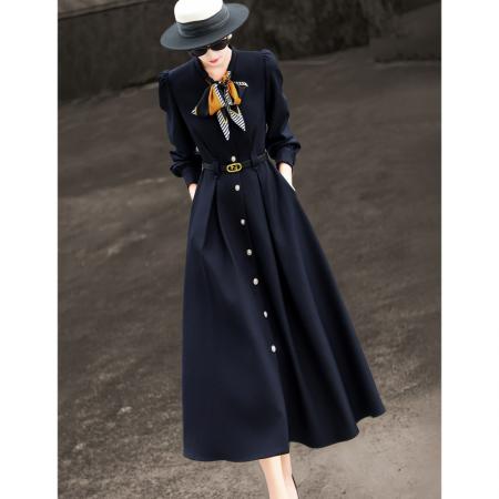 BY14661# 早春新款气质高级感通勤单排扣丝巾领长袖收腰连衣裙女 服裝批發女裝批發服飾貨源