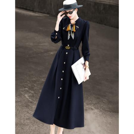 BY14661# 早春新款气质高级感通勤单排扣丝巾领长袖收腰连衣裙女 服裝批發女裝批發服飾貨源