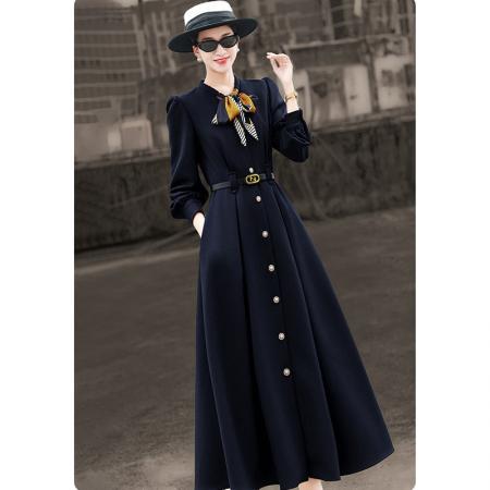 BY14661# 早春新款气质高级感通勤单排扣丝巾领长袖收腰连衣裙女 服裝批發女裝批發服飾貨源