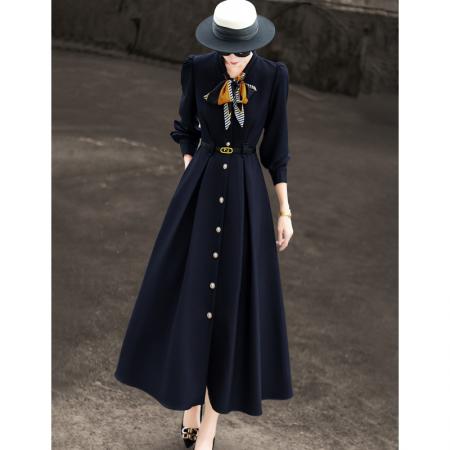 BY14661# 早春新款气质高级感通勤单排扣丝巾领长袖收腰连衣裙女 服裝批發女裝批發服飾貨源