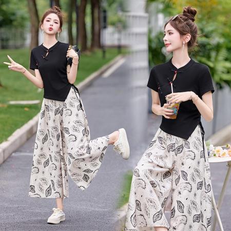 BY14663# 小个子新中式国风套装夏季新款女装洋气减龄高级感裙裤两件套 服裝批發女裝批發服飾貨源