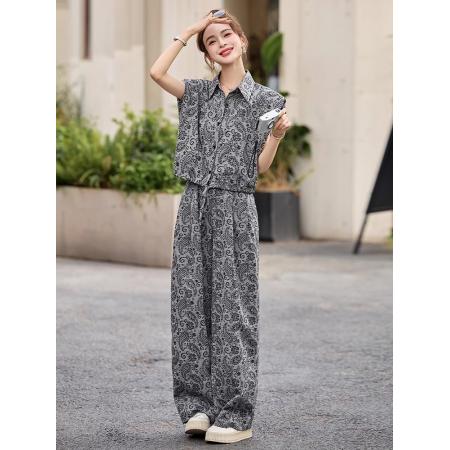 BY14665# 夏季减龄一整套韩系穿搭洋气印花短袖衬衫阔腿裤休闲两件套 服裝批發女裝批發服飾貨源
