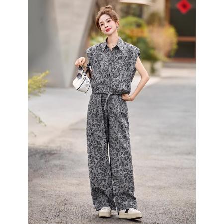 BY14665# 夏季减龄一整套韩系穿搭洋气印花短袖衬衫阔腿裤休闲两件套 服裝批發女裝批發服飾貨源