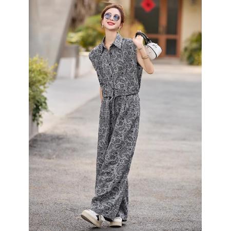 BY14665# 夏季减龄一整套韩系穿搭洋气印花短袖衬衫阔腿裤休闲两件套 服裝批發女裝批發服飾貨源