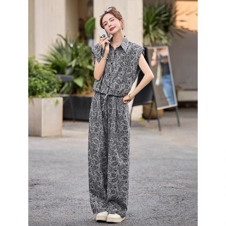 BY14665# 夏季减龄一整套韩系穿搭洋气印花短袖衬衫阔腿裤休闲两件套 服裝批發女裝批發服飾貨源