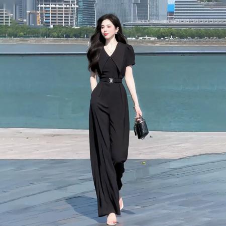 BY14666# 气质通勤高级感短袖连体裤女夏季新款收腰宽松阔腿连衣裤女装 服裝批發女裝批發服飾貨源
