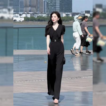 BY14666# 气质通勤高级感短袖连体裤女夏季新款收腰宽松阔腿连衣裤女装 服裝批發女裝批發服飾貨源