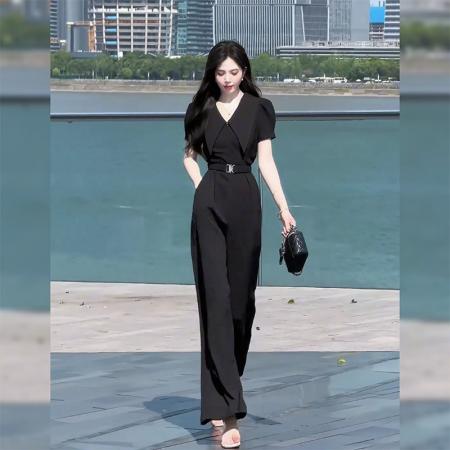 BY14666# 气质通勤高级感短袖连体裤女夏季新款收腰宽松阔腿连衣裤女装 服裝批發女裝批發服飾貨源