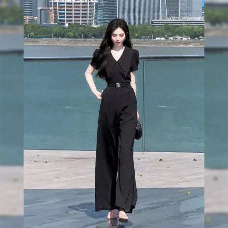 BY14666# 气质通勤高级感短袖连体裤女夏季新款收腰宽松阔腿连衣裤女装 服裝批發女裝批發服飾貨源