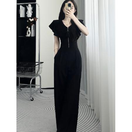 BY14668# 新款黑色阔腿连体裤女夏气质轻奢高级感荷叶边大方得体连身裤 服裝批發女裝批發服飾貨源