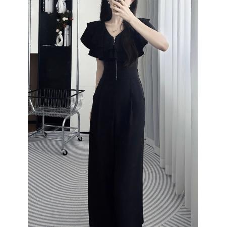 BY14668# 新款黑色阔腿连体裤女夏气质轻奢高级感荷叶边大方得体连身裤 服裝批發女裝批發服飾貨源