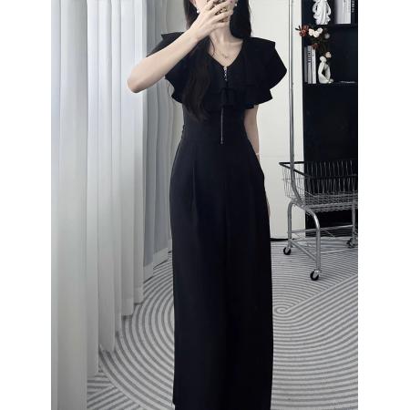 BY14668# 新款黑色阔腿连体裤女夏气质轻奢高级感荷叶边大方得体连身裤 服裝批發女裝批發服飾貨源