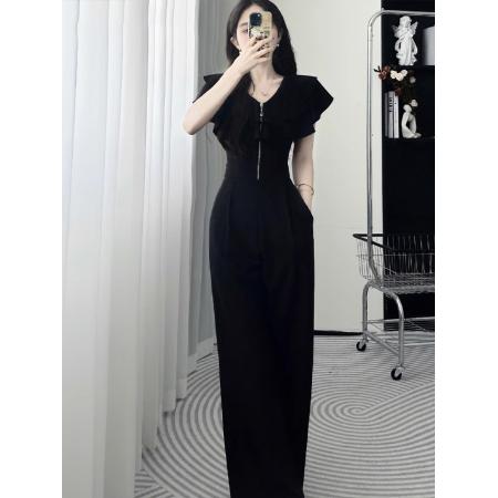 BY14668# 新款黑色阔腿连体裤女夏气质轻奢高级感荷叶边大方得体连身裤 服裝批發女裝批發服飾貨源