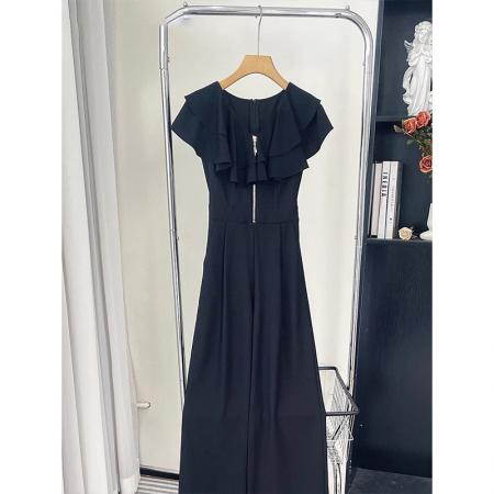 BY14668# 新款黑色阔腿连体裤女夏气质轻奢高级感荷叶边大方得体连身裤 服裝批發女裝批發服飾貨源