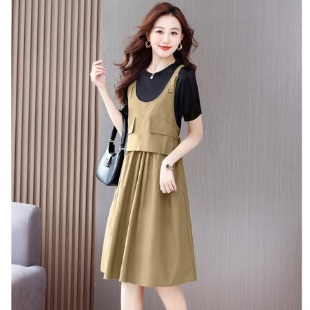 BY14670# 连衣裙女夏新款夏装小个子背带假两件短袖吊带夏季气质裙子 服裝批發女裝批發服飾貨源