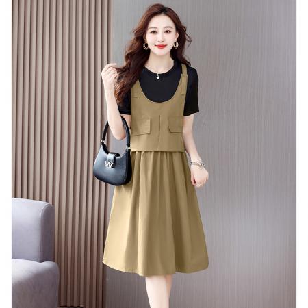 BY14670# 连衣裙女夏新款夏装小个子背带假两件短袖吊带夏季气质裙子 服裝批發女裝批發服飾貨源