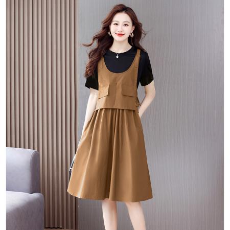 BY14670# 连衣裙女夏新款夏装小个子背带假两件短袖吊带夏季气质裙子 服裝批發女裝批發服飾貨源