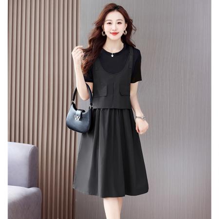 BY14670# 连衣裙女夏新款夏装小个子背带假两件短袖吊带夏季气质裙子 服裝批發女裝批發服飾貨源