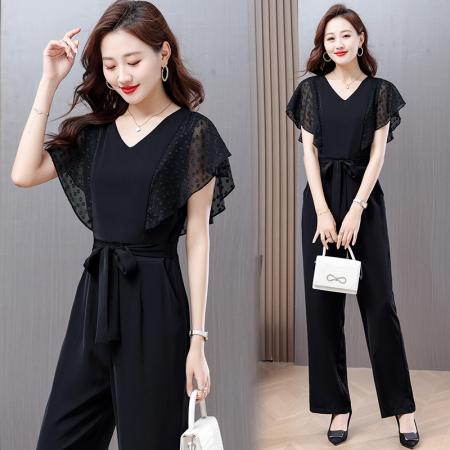 BY14671# 秒变大长腿连体裤子夏季新款简约气质雪纺拼接轻薄百搭连体裤 服裝批發女裝批發服飾貨源