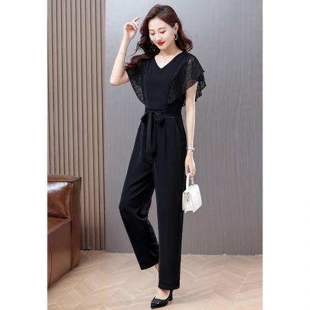 BY14671# 秒变大长腿连体裤子夏季新款简约气质雪纺拼接轻薄百搭连体裤 服裝批發女裝批發服飾貨源