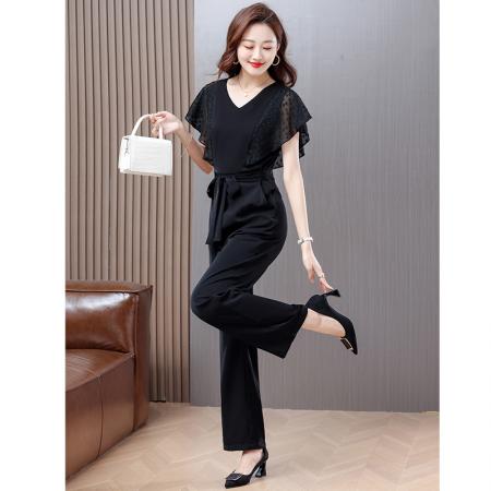 BY14671# 秒变大长腿连体裤子夏季新款简约气质雪纺拼接轻薄百搭连体裤 服裝批發女裝批發服飾貨源