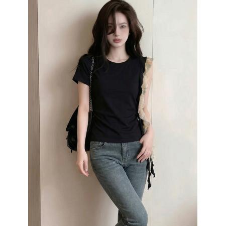 BY14674# 休闲气质荷叶边短袖t恤女新款炸街独特漂亮设计感上衣 服裝批發女裝批發服飾貨源