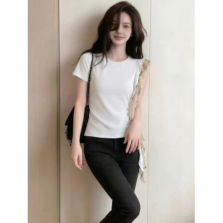 BY14674# 休闲气质荷叶边短袖t恤女新款炸街独特漂亮设计感上衣 服裝批發女裝批發服飾貨源