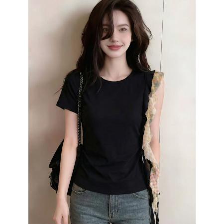 BY14674# 休闲气质荷叶边短袖t恤女新款炸街独特漂亮设计感上衣 服裝批發女裝批發服飾貨源