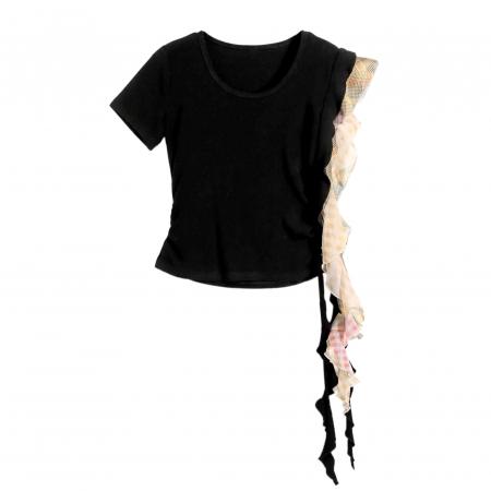 BY14674# 休闲气质荷叶边短袖t恤女新款炸街独特漂亮设计感上衣 服裝批發女裝批發服飾貨源