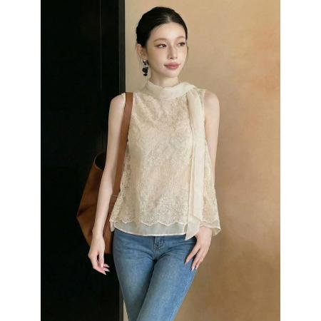BY14675# 春季新款小香风时尚设计感蕾丝刺绣无袖假两件背心衬衫女 服裝批發女裝批發服飾貨源