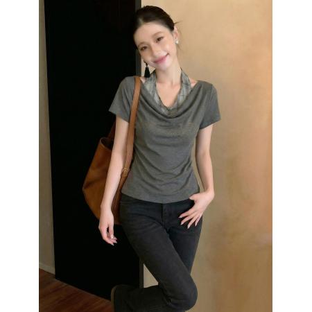 BY14676# 美式辣妹假两件挂脖拼接短袖T恤女春季褶皱收腰修身显瘦上衣 服裝批發女裝批發服飾貨源