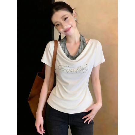 BY14676# 美式辣妹假两件挂脖拼接短袖T恤女春季褶皱收腰修身显瘦上衣 服裝批發女裝批發服飾貨源