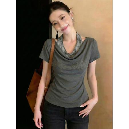 BY14676# 美式辣妹假两件挂脖拼接短袖T恤女春季褶皱收腰修身显瘦上衣 服裝批發女裝批發服飾貨源