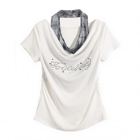 BY14676# 美式辣妹假两件挂脖拼接短袖T恤女春季褶皱收腰修身显瘦上衣 服裝批發女裝批發服飾貨源