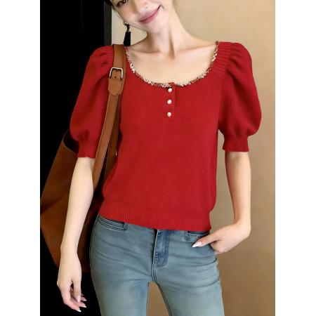 BY14677# 法式红色方领泡泡袖钉珠针织上衣女新款短袖百搭减龄通勤T恤 服裝批發女裝批發服飾貨源