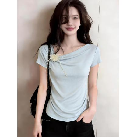 BY14679# 韩版立体花朵短袖T恤女夏季设计感收腰显瘦短款别致上衣服 服裝批發女裝批發服飾貨源