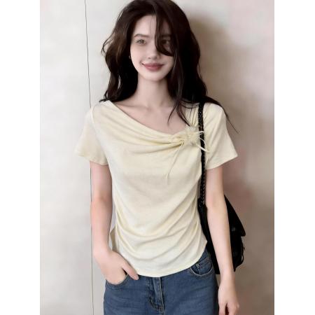 BY14679# 韩版立体花朵短袖T恤女夏季设计感收腰显瘦短款别致上衣服 服裝批發女裝批發服飾貨源