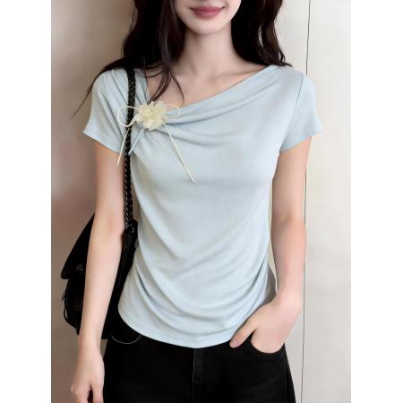 BY14679# 韩版立体花朵短袖T恤女夏季设计感收腰显瘦短款别致上衣服 服裝批發女裝批發服飾貨源