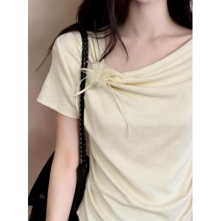 BY14679# 韩版立体花朵短袖T恤女夏季设计感收腰显瘦短款别致上衣服 服裝批發女裝批發服飾貨源