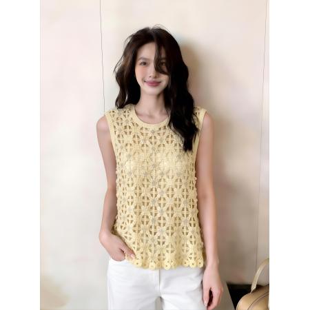 BY14680# 蕾丝风镂空钩花针织马甲背心女春季新款百搭修身叠穿上衣 服裝批發女裝批發服飾貨源