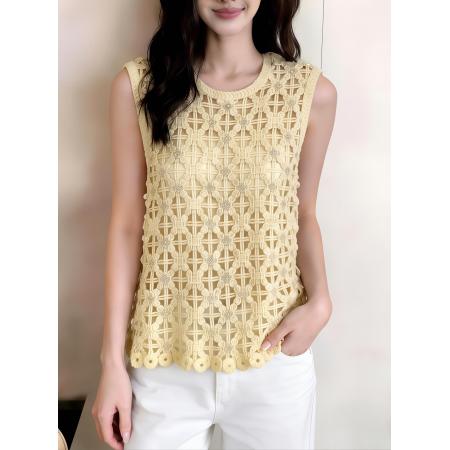 BY14680# 蕾丝风镂空钩花针织马甲背心女春季新款百搭修身叠穿上衣 服裝批發女裝批發服飾貨源