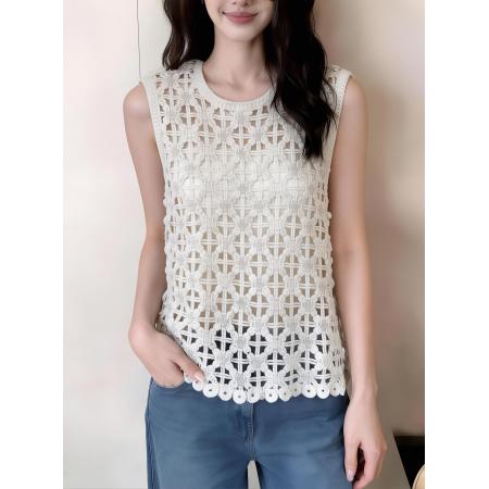 BY14680# 蕾丝风镂空钩花针织马甲背心女春季新款百搭修身叠穿上衣 服裝批發女裝批發服飾貨源