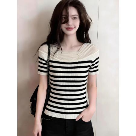 BY14681# ～绝美好看蕾丝花边短袖针织t恤女夏季新款修身气质甜辣上衣 服裝批發女裝批發服飾貨源