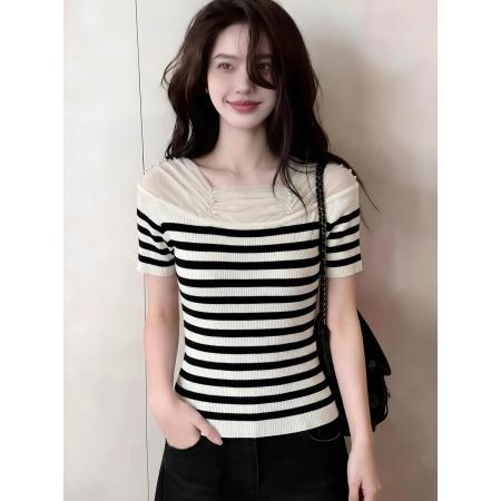 BY14681# ～绝美好看蕾丝花边短袖针织t恤女夏季新款修身气质甜辣上衣 服裝批發女裝批發服飾貨源