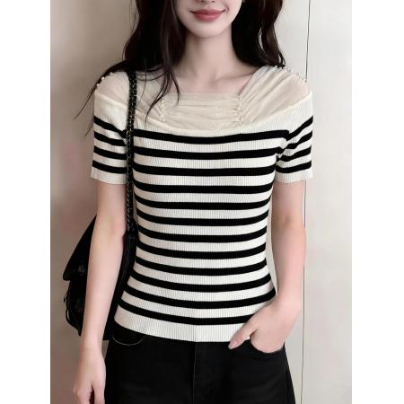 BY14681# ～绝美好看蕾丝花边短袖针织t恤女夏季新款修身气质甜辣上衣 服裝批發女裝批發服飾貨源