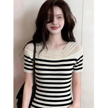 BY14681# ～绝美好看蕾丝花边短袖针织t恤女夏季新款修身气质甜辣上衣 服裝批發女裝批發服飾貨源