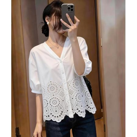 BY14684# 夏季新款韩版百搭宽松V领宽松娃娃衫衬衫女上衣 服裝批發女裝批發服飾貨源