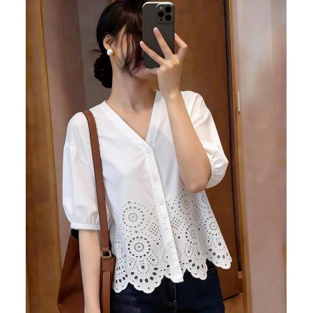 BY14684# 夏季新款韩版百搭宽松V领宽松娃娃衫衬衫女上衣 服裝批發女裝批發服飾貨源