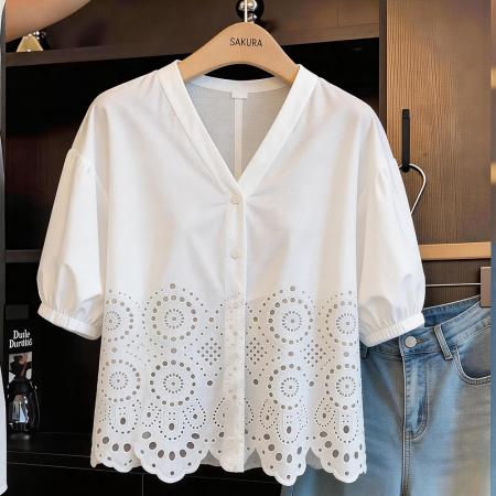 BY14684# 夏季新款韩版百搭宽松V领宽松娃娃衫衬衫女上衣 服裝批發女裝批發服飾貨源