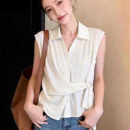 BY14685# 夏季新款百搭无袖宽松系带收腰衬衫女上衣夏小衫 服裝批發女裝批發服飾貨源